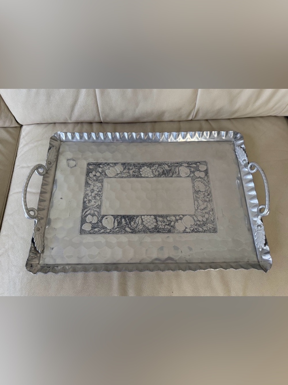 vintage serving tray is made of Cromwell Hand Wrought Aluminum